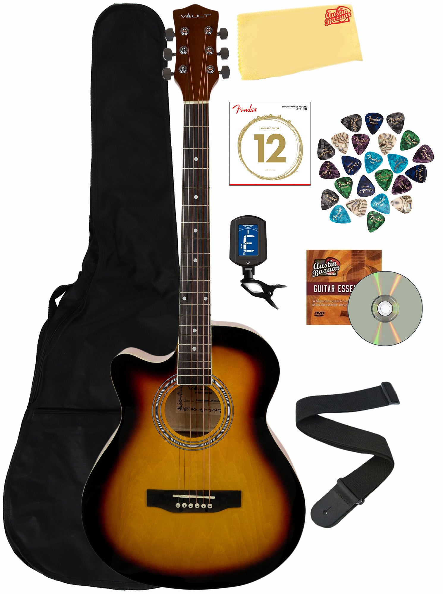 Vault EA-20 Acoustic Guitar, Left Handed - Sunburst w/ Gig Bag