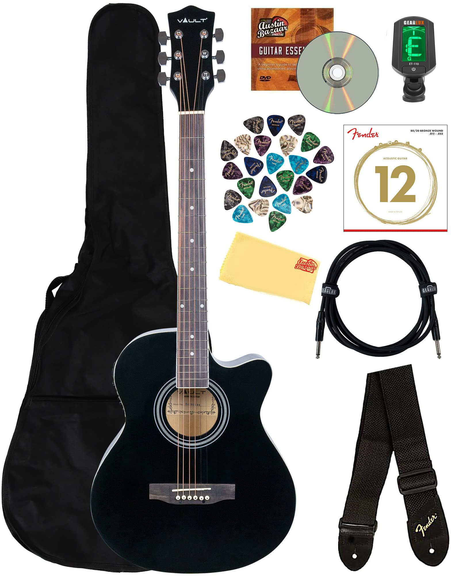 Vault EA-20CE Full-Size Cutaway Acoustic-Electric Guitar - Black w/ Gig Bag