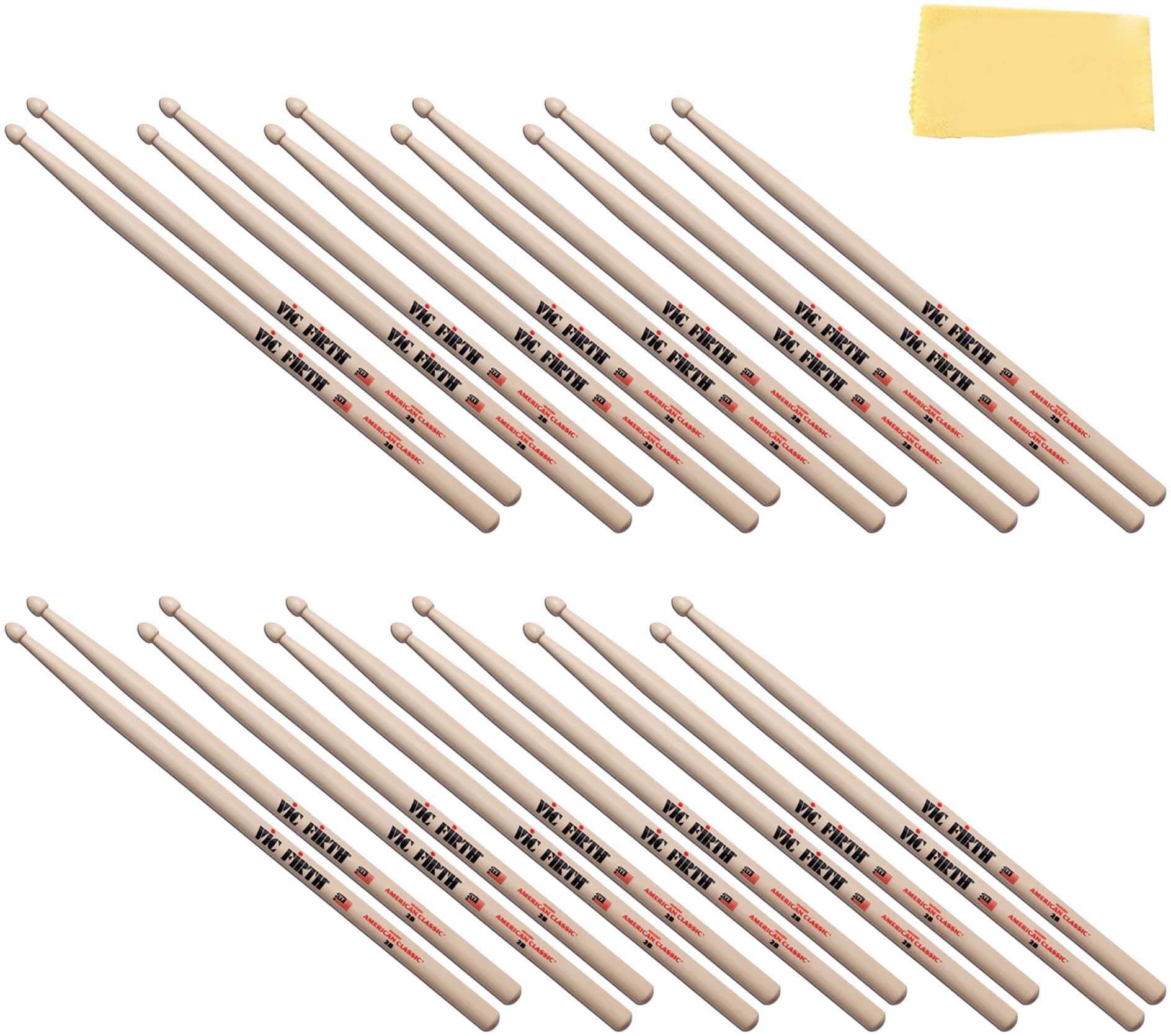 Vic Firth American Classic 2B Drumsticks - 12 Pairs with Austin Bazaar Polishing Cloth