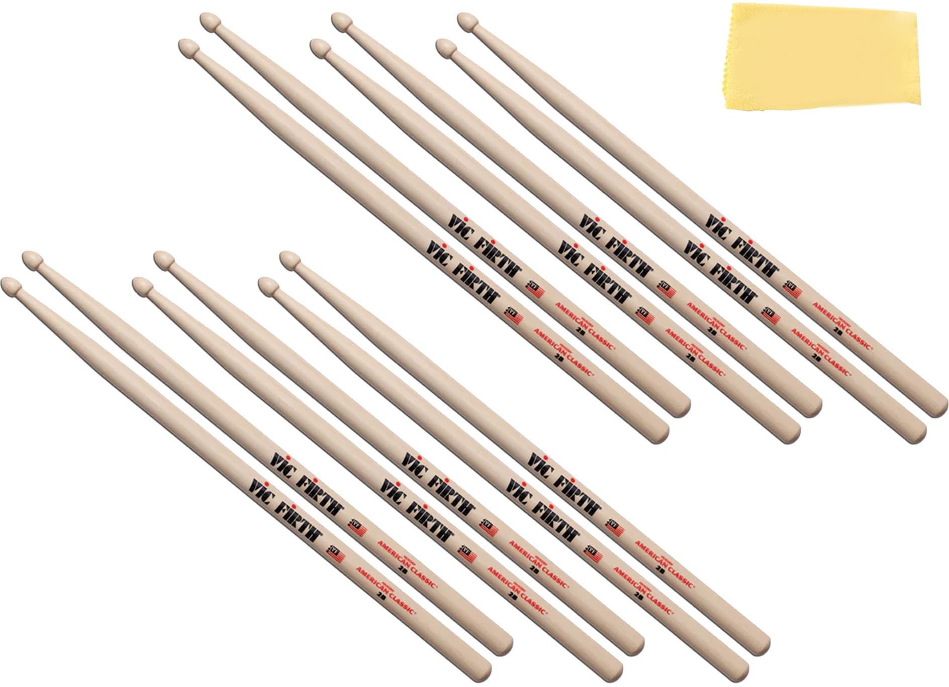 Vic Firth American Classic 2B Drumsticks - 6 Pairs with Austin Bazaar Polishing Cloth