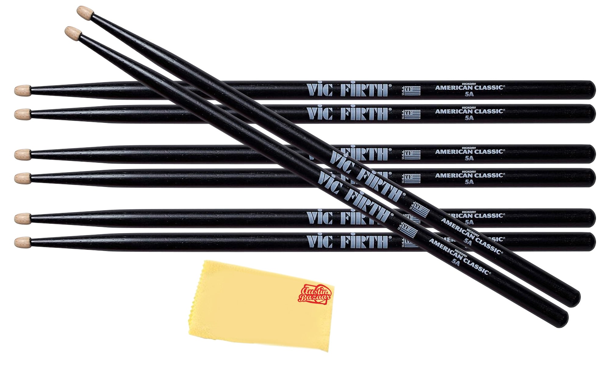 Vic Firth American Classic 5A Drumsticks - Black, 4 Pairs with Austin Bazaar Polishing Cloth