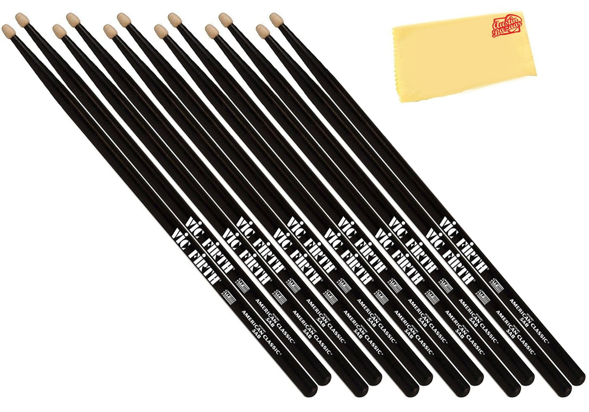Vic Firth American Classic 5A Drumsticks - Black, 6 Pairs with Austin Bazaar Polishing Cloth