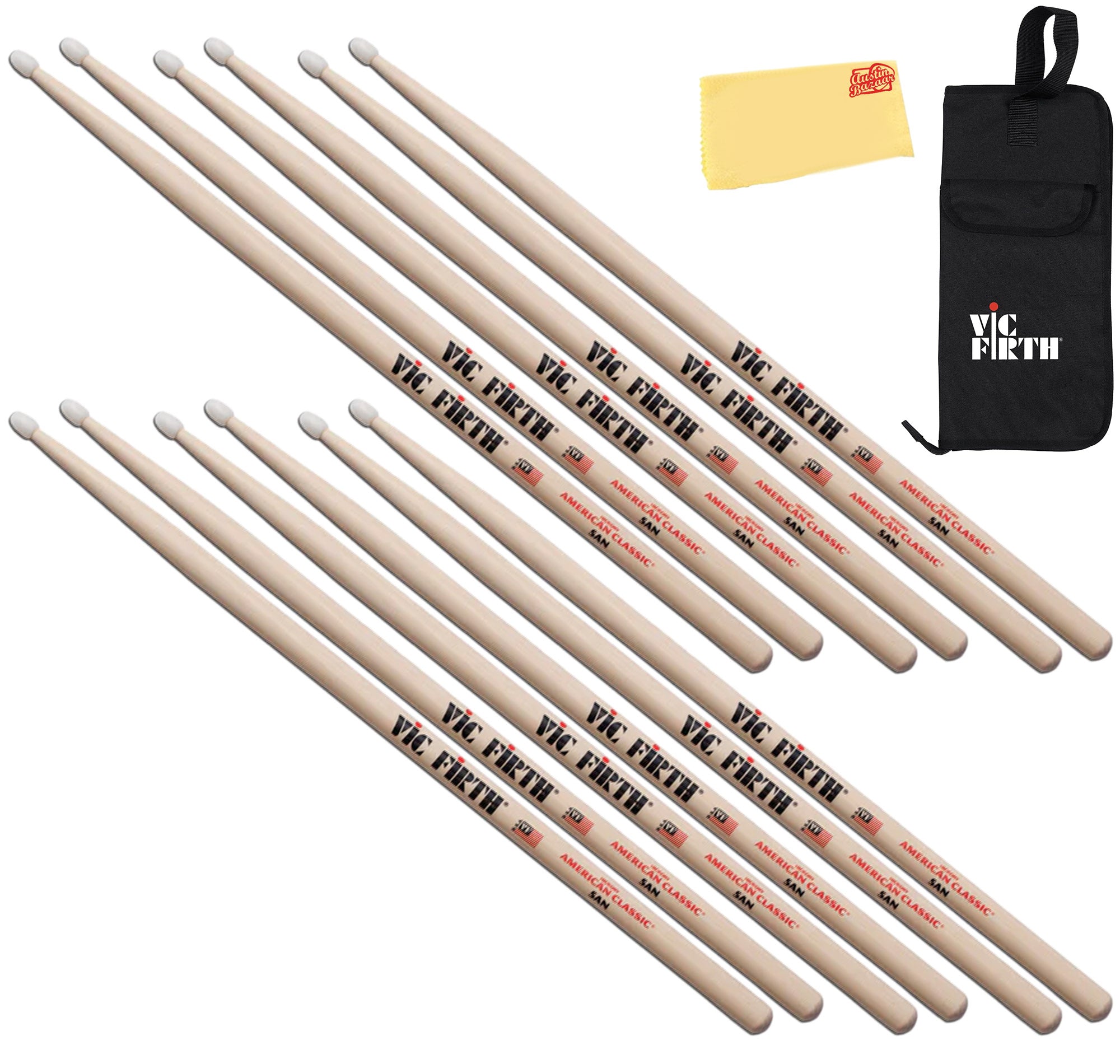 Vic Firth American Classic 5A Nylon Tip Drumsticks - 6 Pack w/ Stick Bag