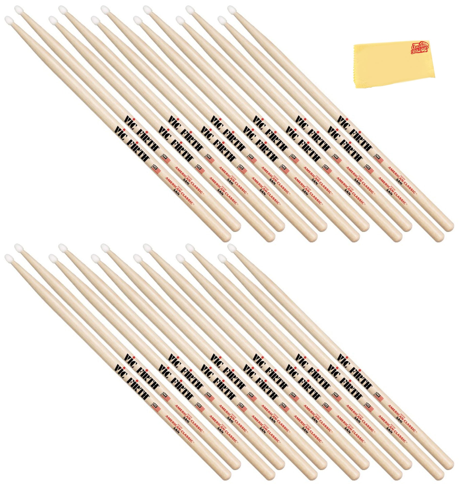 Vic Firth American Classic 5A Nylon Tip Drumsticks - 12 Pack w/ Austin Bazaar Polishing Cloth