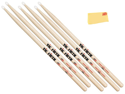 Vic Firth American Classic 5A Nylon Tip Drumsticks - 3 Pack w/ Austin Bazaar Polishing Cloth