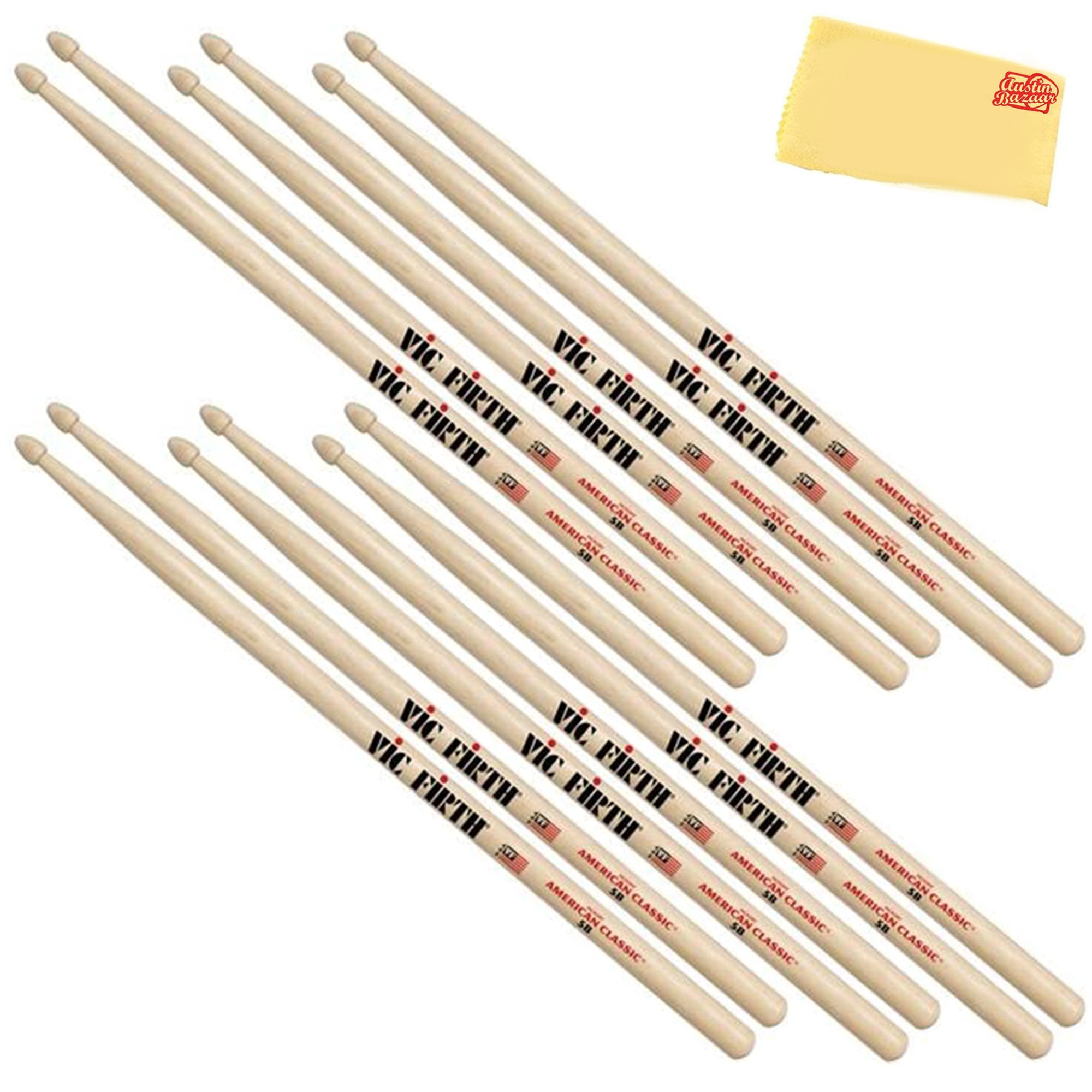Vic Firth American Classic 5B Drumsticks - 6 Pack w/ Polishing Cloth