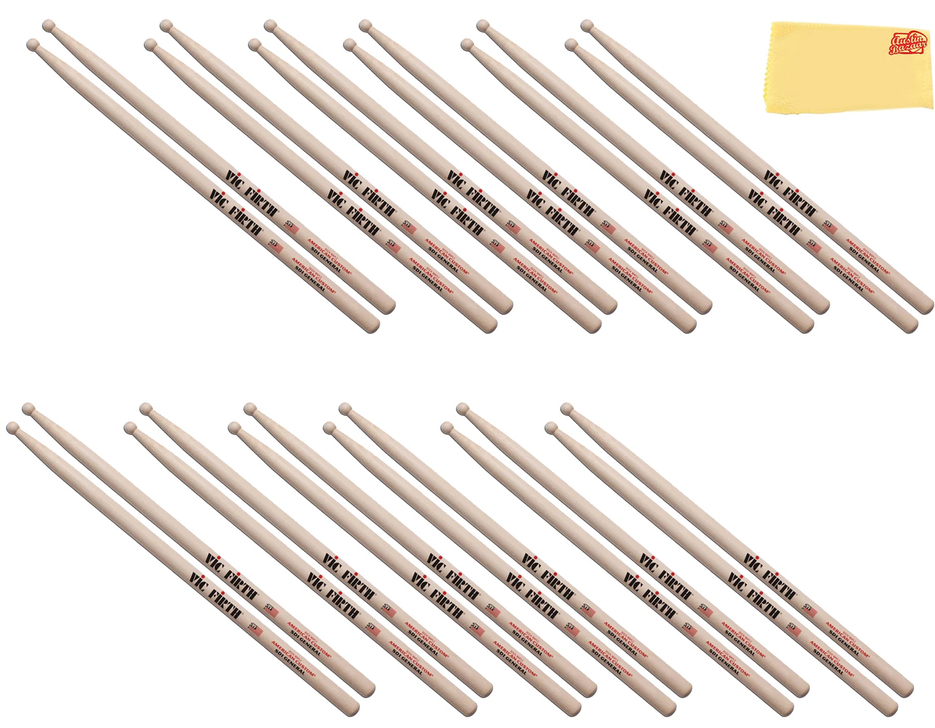 Vic Firth American Custom SD1 General Drumsticks - 12 Pack w/ Polishing Cloth
