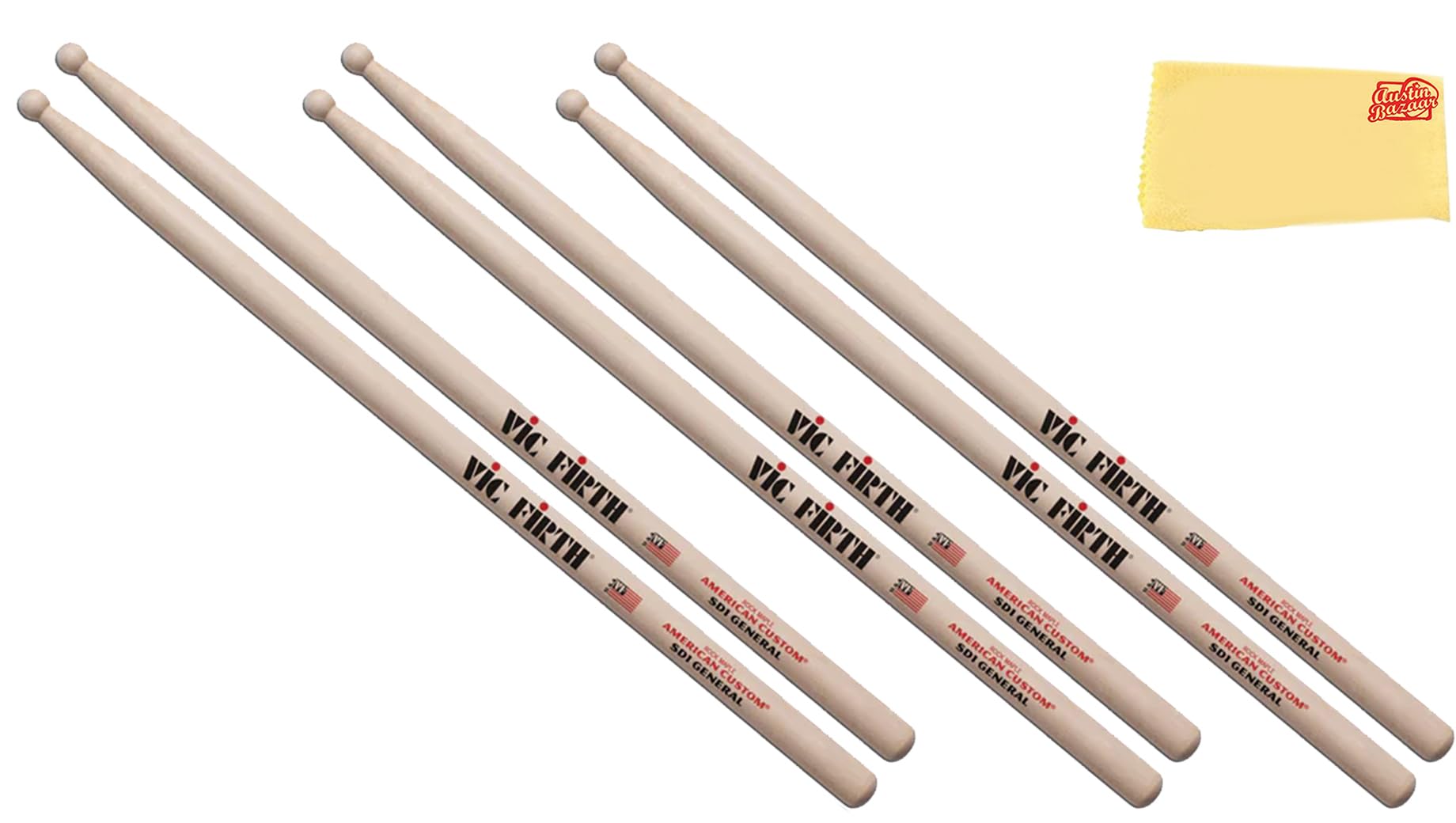 Vic Firth American Custom SD1 General Drumsticks - 3 Pack w/ Polishing Cloth