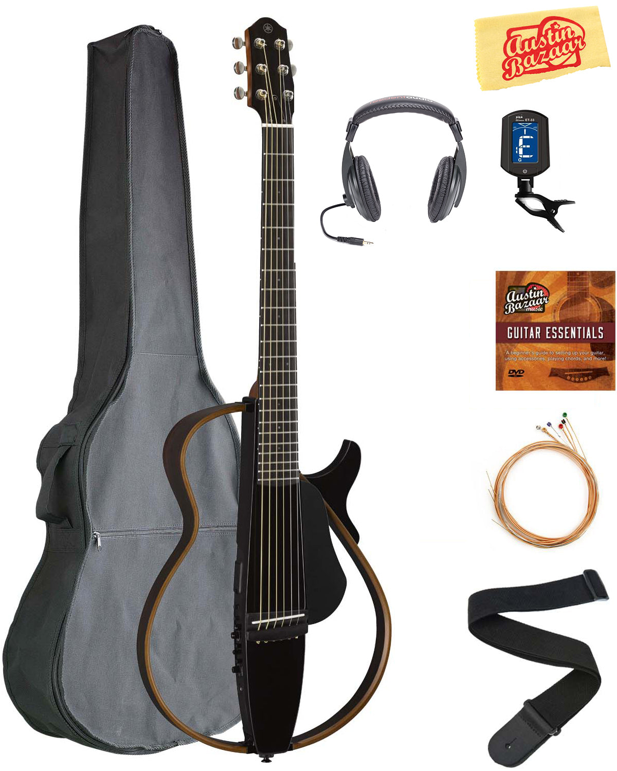 Yamaha SLG200S Steel String Silent Guitar - Trans Black w/ Headphones