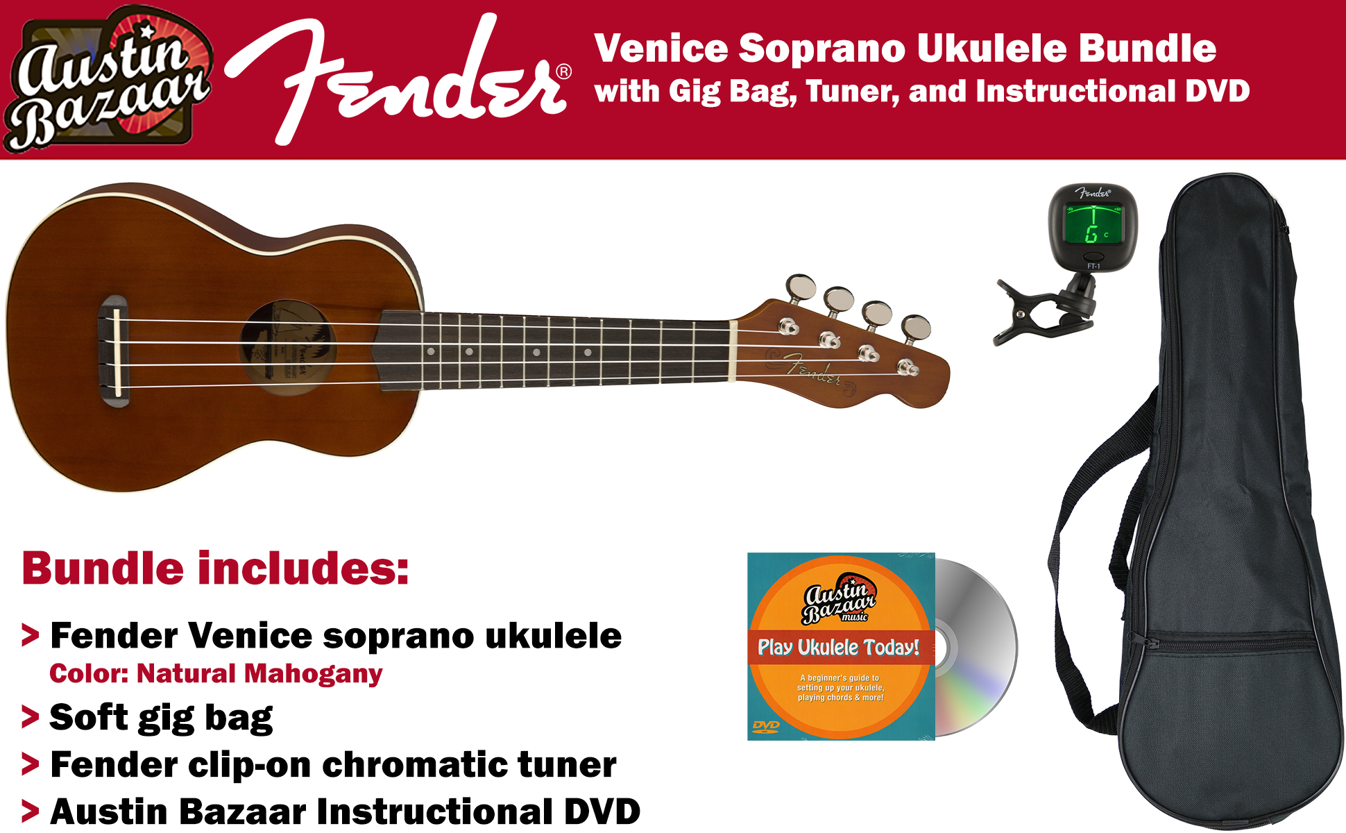 Fender Venice Soprano Ukulele Natural w/ Gig Bag 660845720893 eBay
