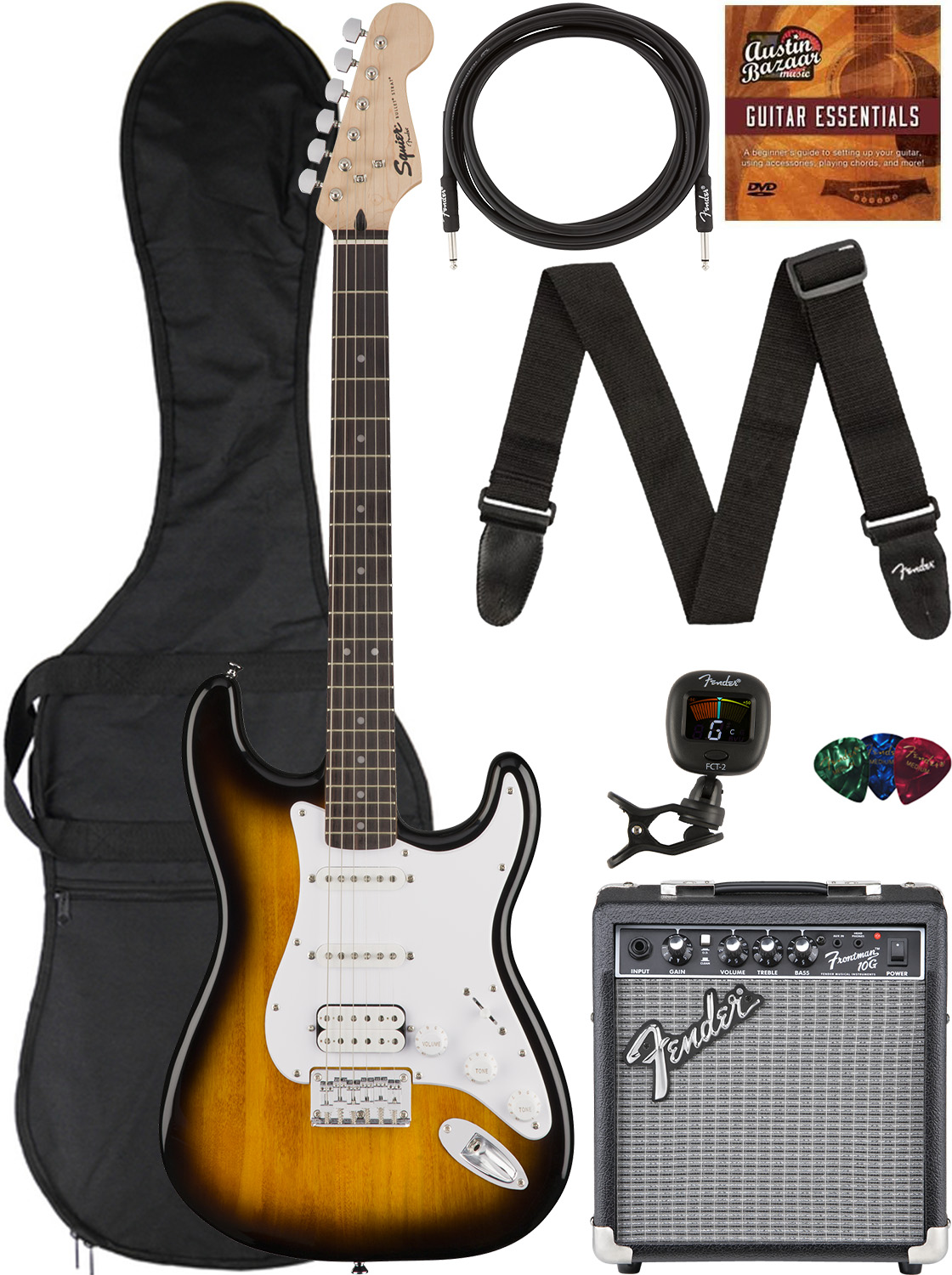 Strap Squier by Fender Short Scale Stratocaster Pack with Frontman 10G Amp and Picks - Blue Cable 