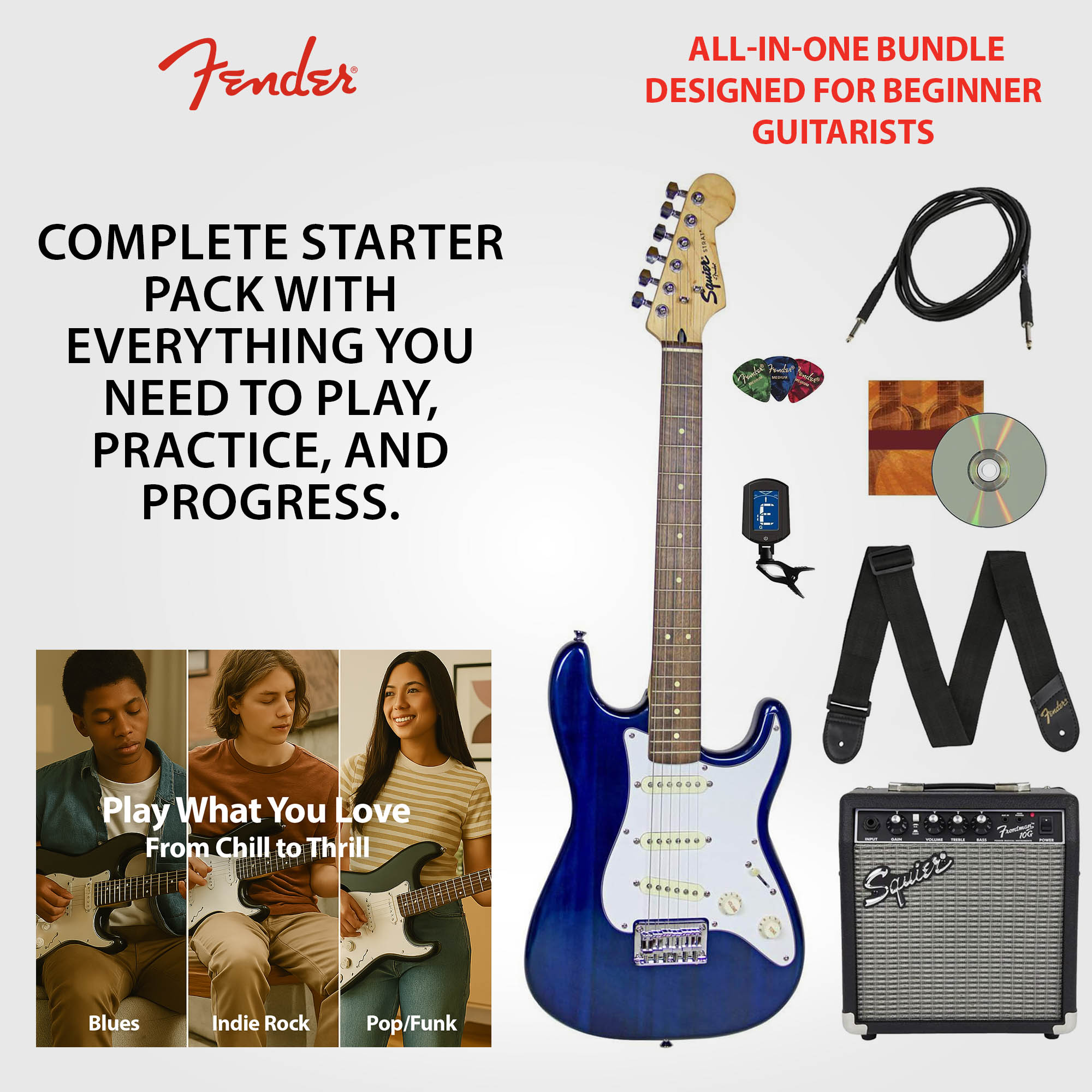 Fender Squier Short Scale 24Inch Strat Pack Transparent Blue w
