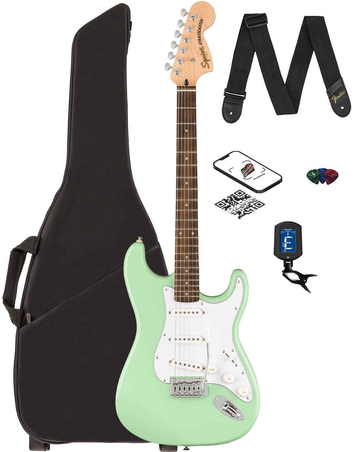 紺×赤 ☆美品☆Squier by fender ストラトキャスター サーフグリーン