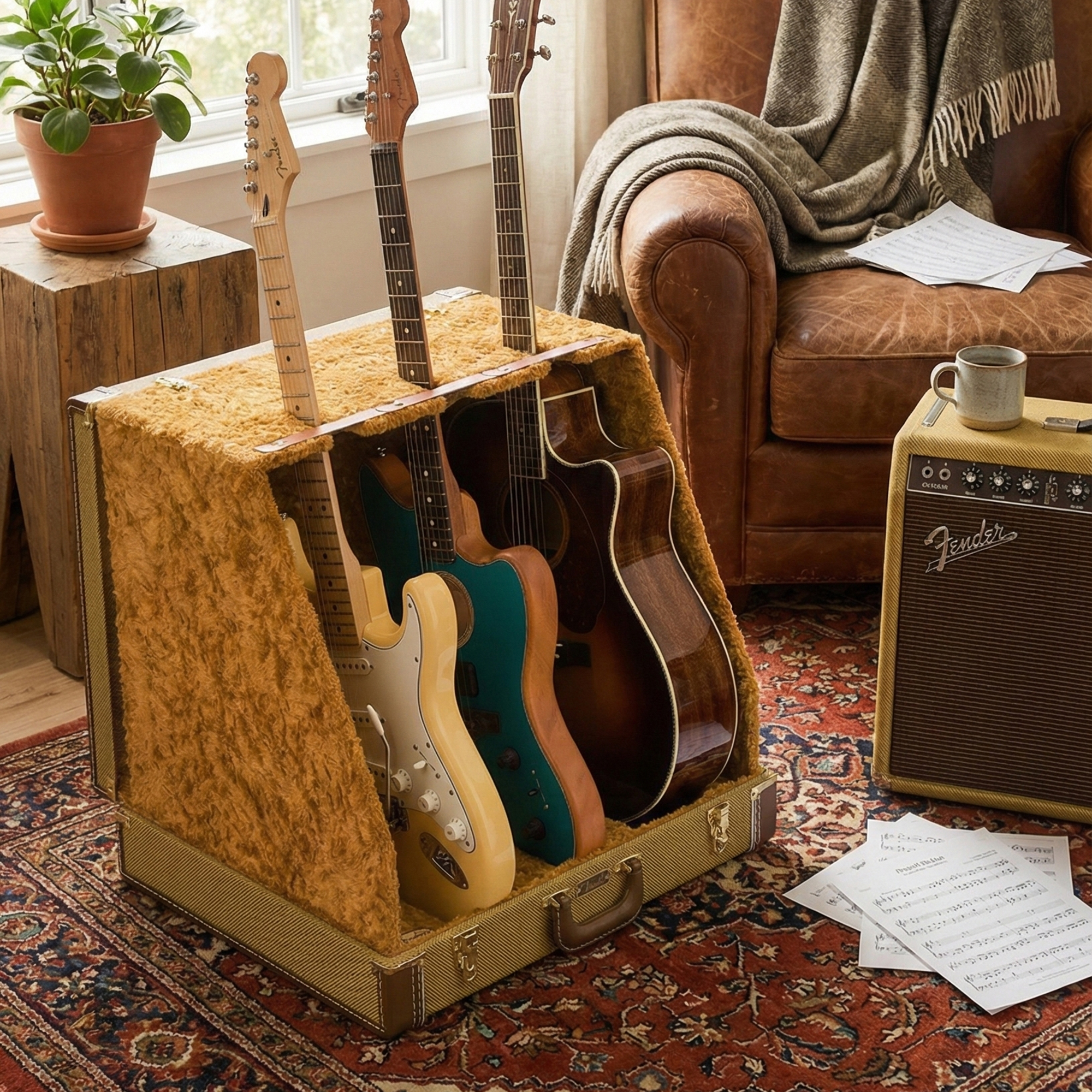 Fender Classic 3-Guitar Case Stand - Brown w/ Picks