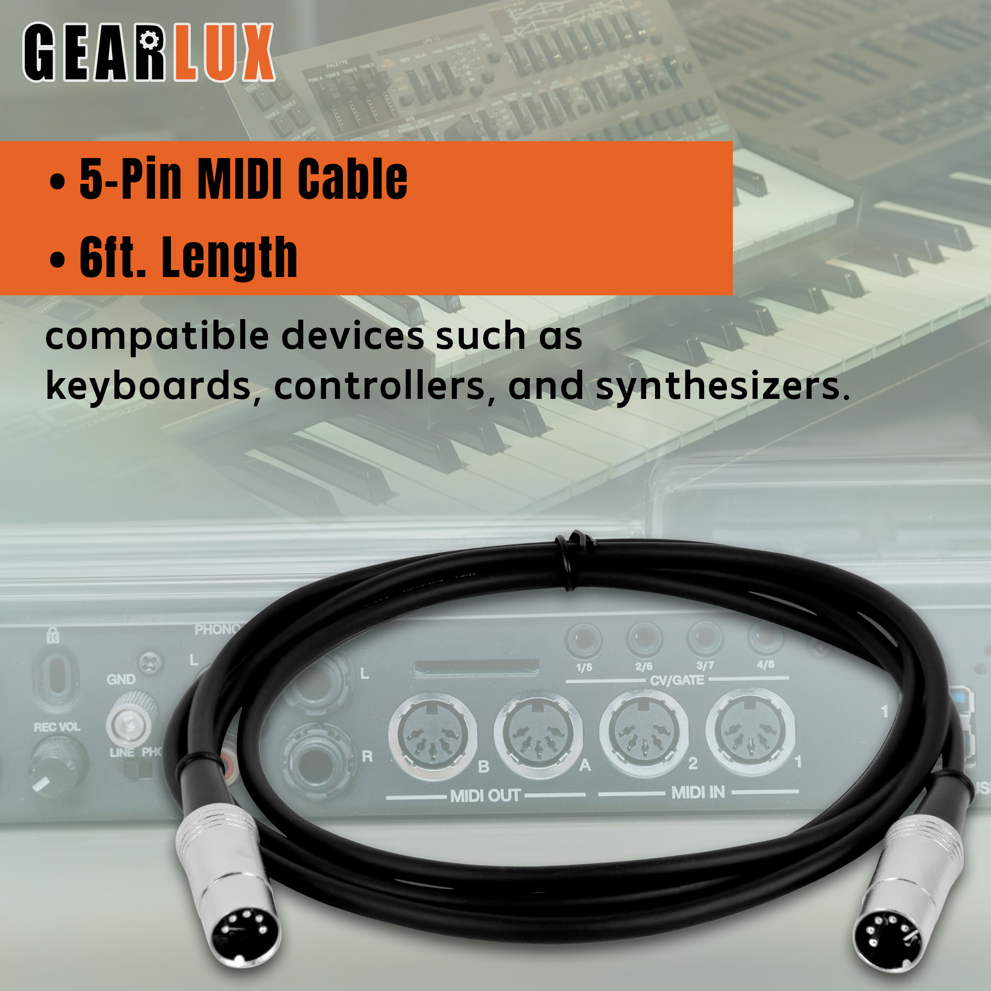 Gearlux 6-Foot 5-Pin MIDI Cable - 2 Pack