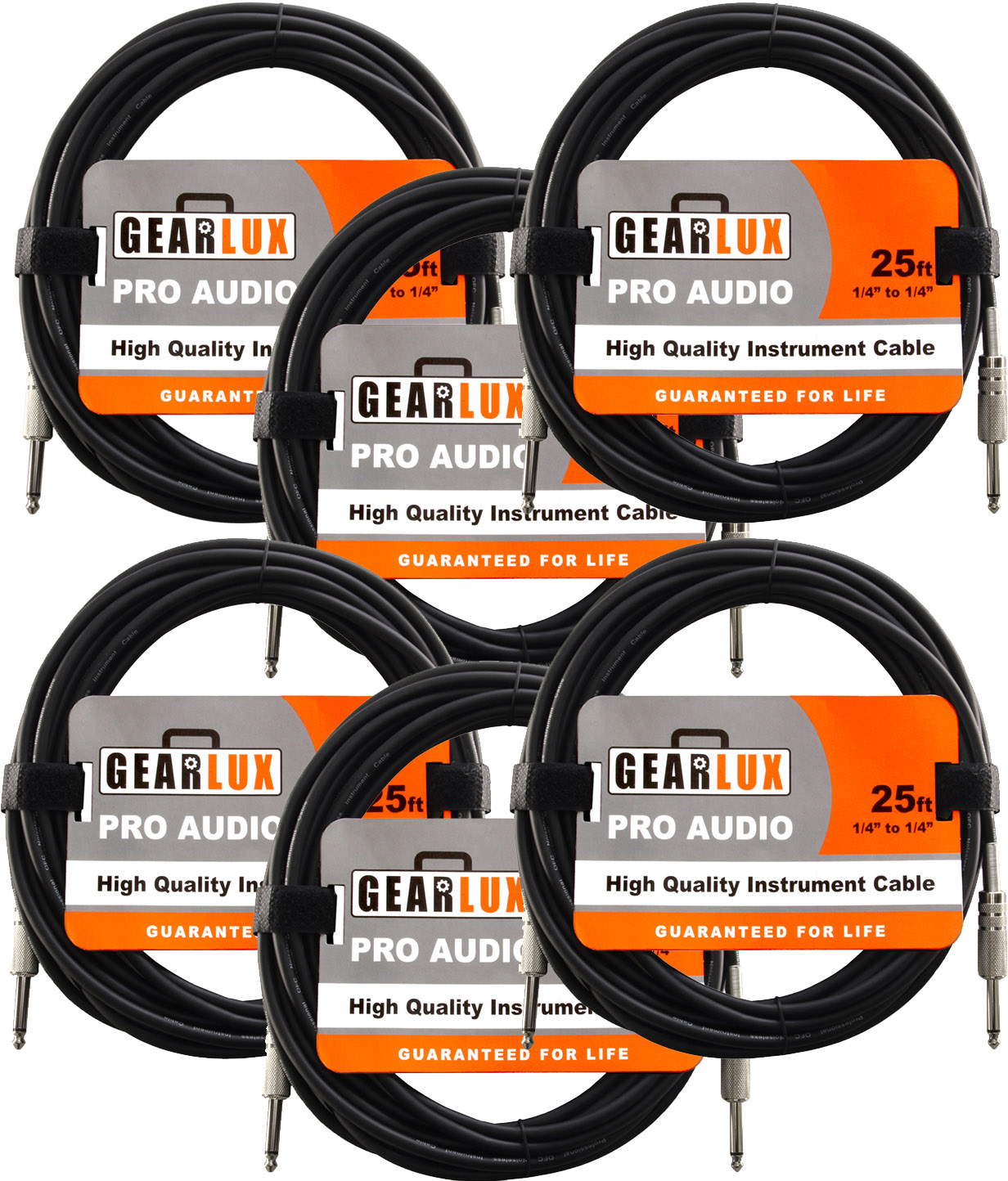 25 Foot Black 6 Pack Gearlux Instrument/Guitar Cable 