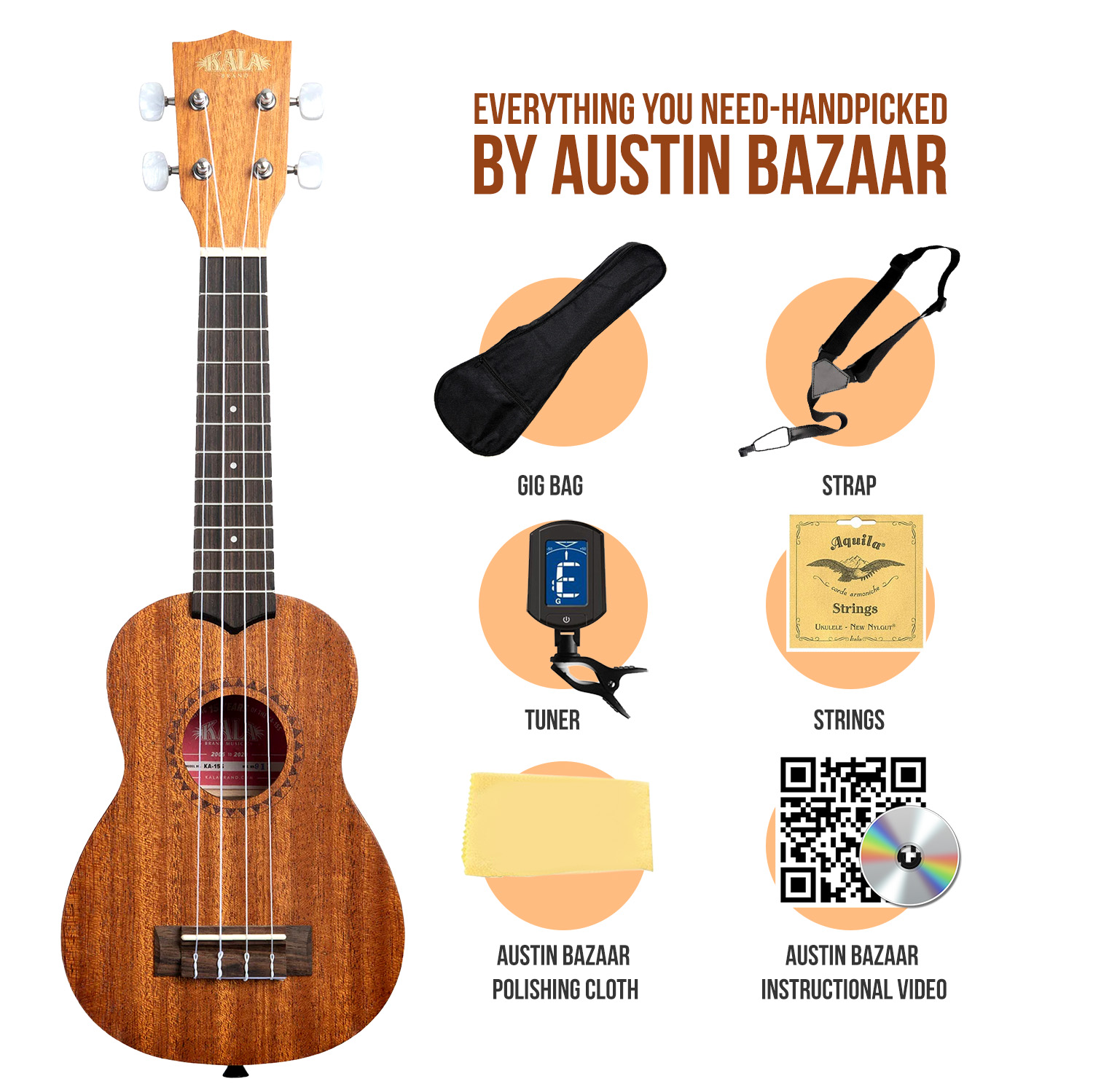 Kala Ukuleles KA 15s Mahogany Soprano Ukulele Bundle With Gig Bag