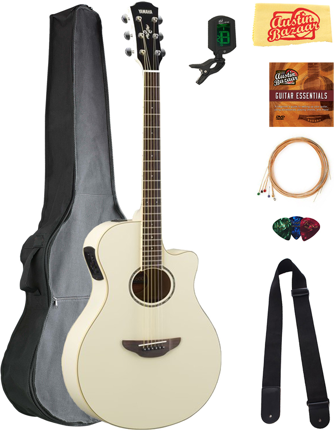 Yamaha APX600 Thin Body AcousticElectric Guitar White Bundle w/ Gig